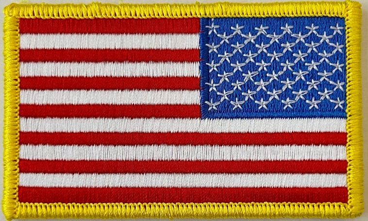 USA FLAG PATCH, REVERSED - MEDIUM GOLD BORDER - SEW ON.